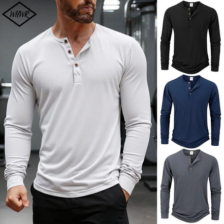 AKJ Fashion T-shirt homme manches longues en coton blanc, col henley à boutons, coupe ajustée, idéal pour le quotidien.