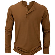 AKJ Fashion T-shirt homme manches longues marron en pur coton, col henley à boutons, coupe ajustée, idéal pour un look casual chic.