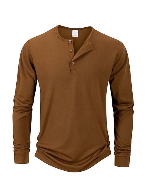 AKJ Fashion T-shirt homme manches longues marron en pur coton, col henley à boutons, coupe ajustée, idéal pour un look casual chic.