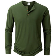 AKJ Fashion T-shirt homme vert kaki à manches longues en pur coton, col henley à boutons, coupe ajustée, idéal pour un look casual chic.