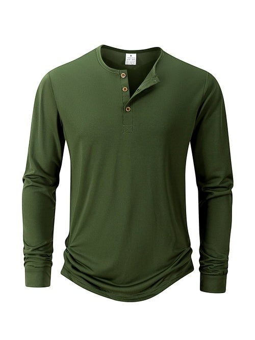 AKJ Fashion T-shirt homme vert kaki à manches longues en pur coton, col henley à boutons, coupe ajustée, idéal pour un look casual chic.