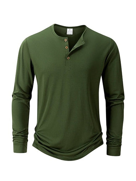 AKJ Fashion T-shirt homme vert kaki à manches longues en pur coton, col henley à boutons, coupe ajustée, idéal pour un look casual chic.