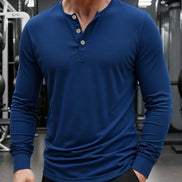 AKJ Fashion T-shirt bleu marine à manches longues pour homme, en pur coton, avec col henley à boutons en bois.