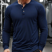 AKJ Fashion T-shirt bleu marine à manches longues pour homme en pur coton, col henley à boutons, coupe ajustée, idéal pour le quotidien.