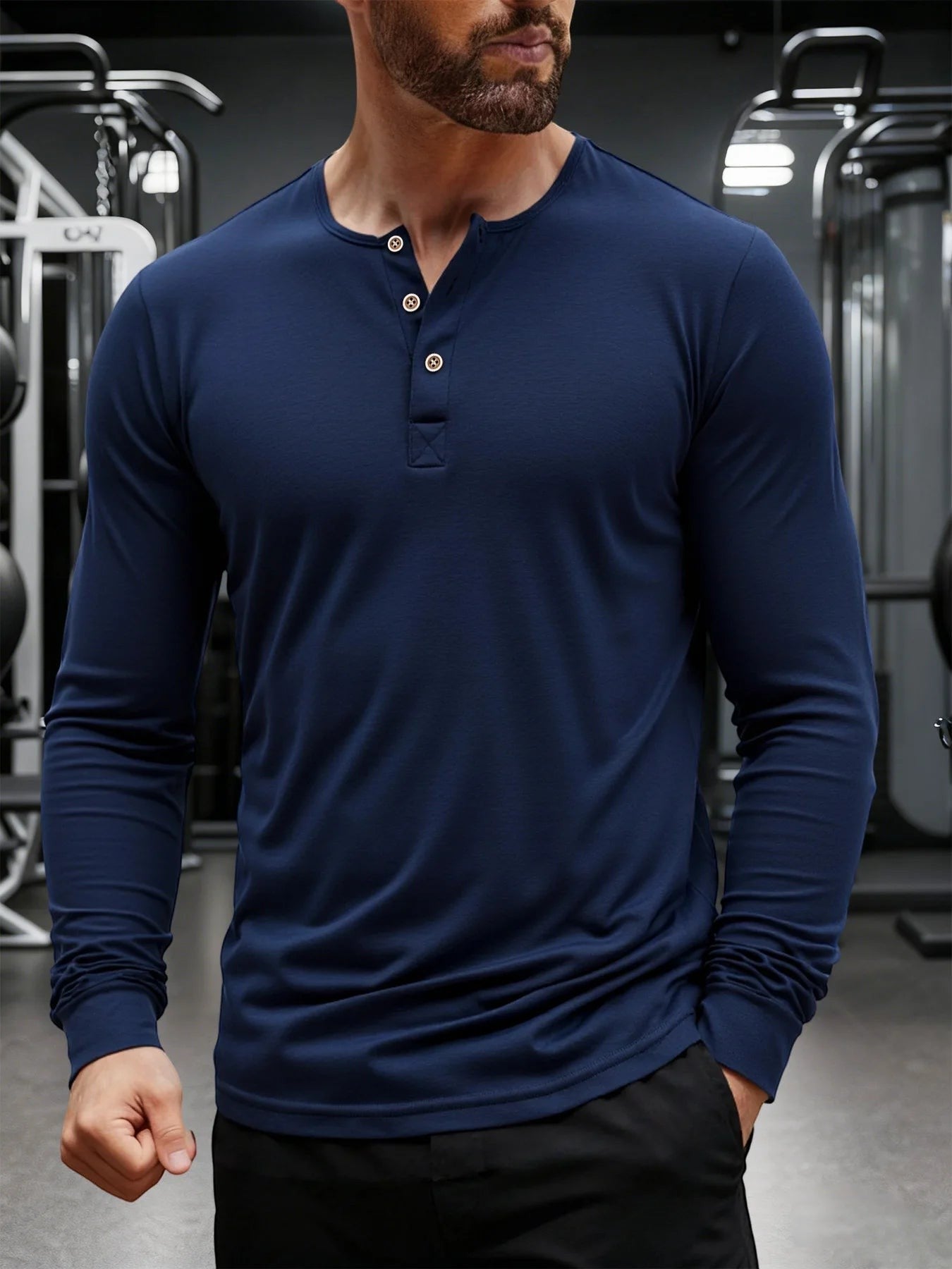 AKJ Fashion T-shirt bleu marine à manches longues pour homme en pur coton, col henley à boutons, coupe ajustée, idéal pour le quotidien.