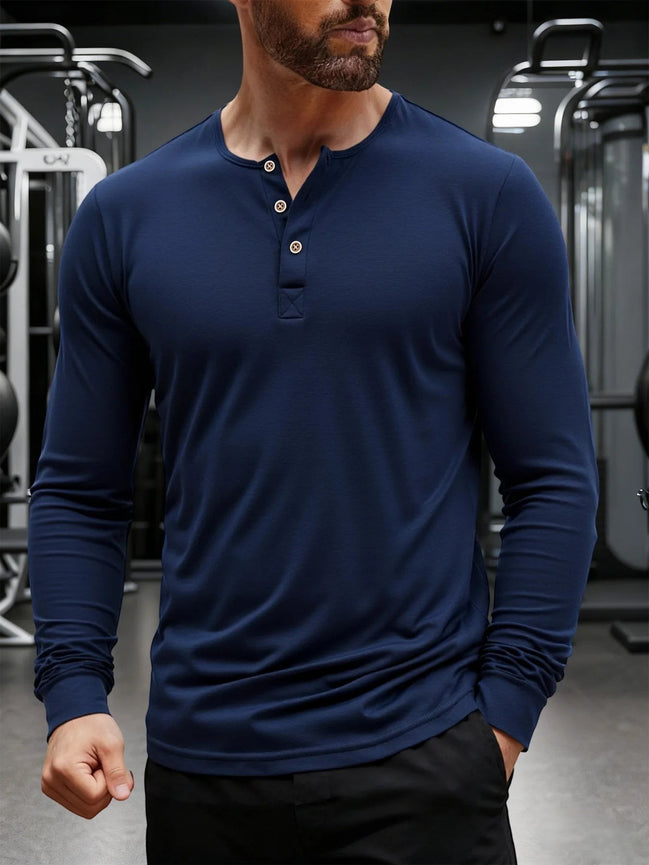 AKJ Fashion T-shirt bleu marine à manches longues pour homme en pur coton, col henley à boutons, coupe ajustée, idéal pour le quotidien.