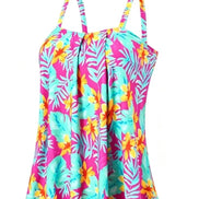 AKJ Fashion Ensemble Tankini & Bas de Bain motifs tropicaux fuchsia, turquoise, jaune, coques intégrées, bretelles larges, coupe évasée.
