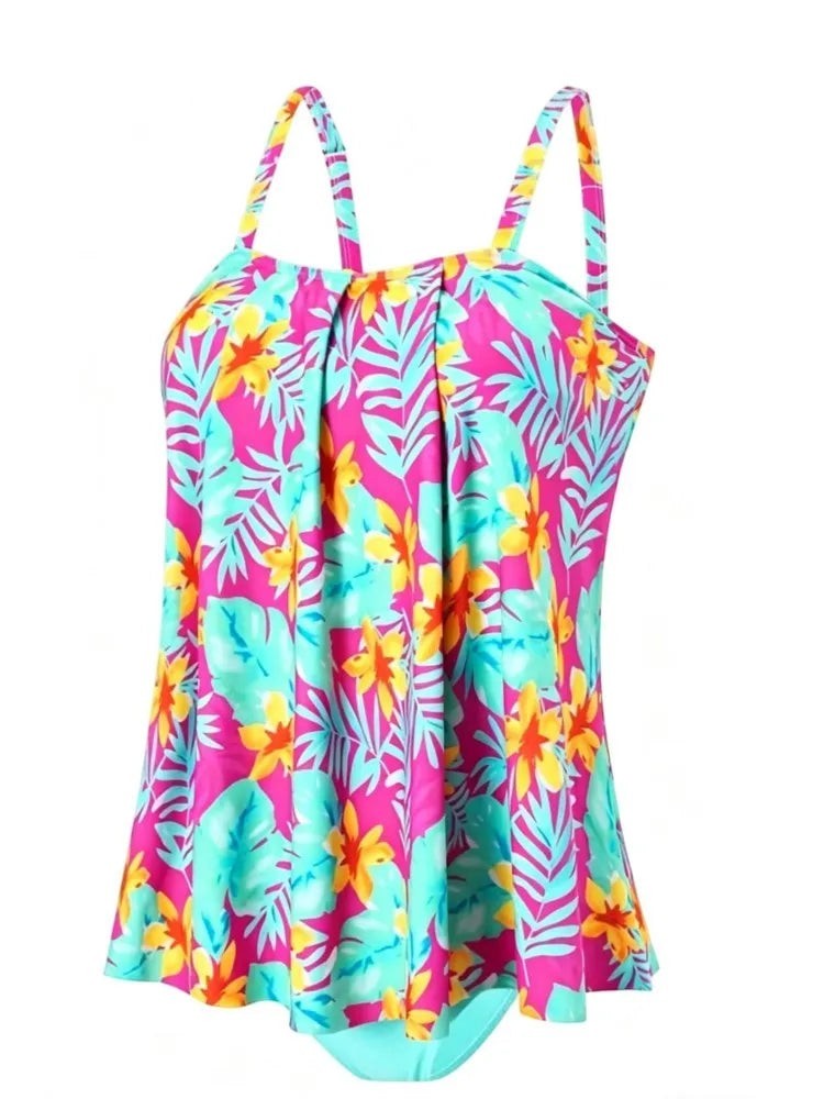 AKJ Fashion Ensemble Tankini & Bas de Bain motifs tropicaux fuchsia, turquoise, jaune, coques intégrées, bretelles larges, coupe évasée.