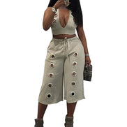 Ensemble 2 Pièces Femme en Lin — Crop Top Halter & Bermuda Œillets