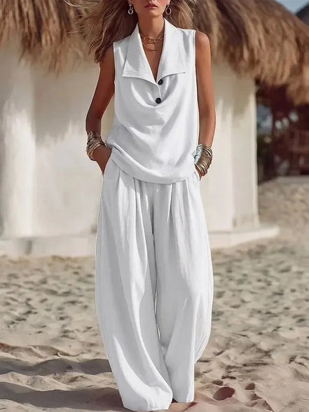 Ensemble Deux Pièces "Sable Blanc" – Haut sans Manches à Col Cascade & Pantalon Large Fluide