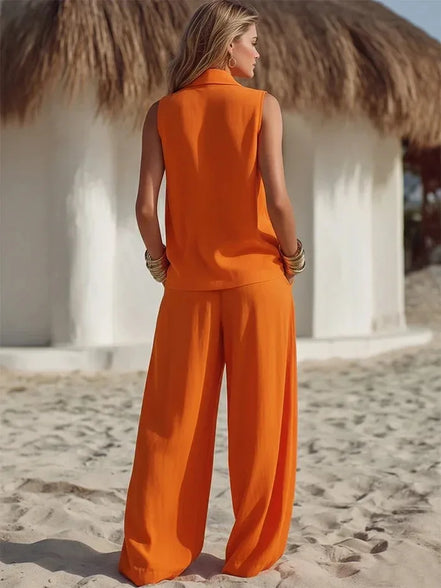 Ensemble Deux Pièces "Sable Blanc" – Haut sans Manches à Col Cascade & Pantalon Large Fluide