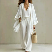Ensemble 3 Pièces Femme — Kimono, Top & Pantalon Large Fluide