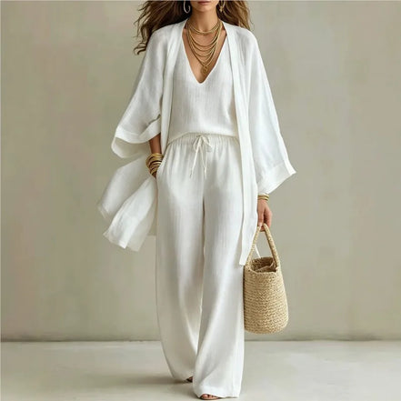 Ensemble 3 Pièces Femme — Kimono, Top & Pantalon Large Fluide