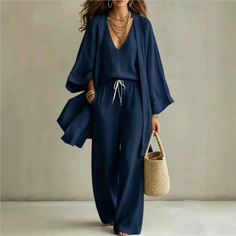 Ensemble 3 Pièces Femme — Kimono, Top & Pantalon Large Fluide