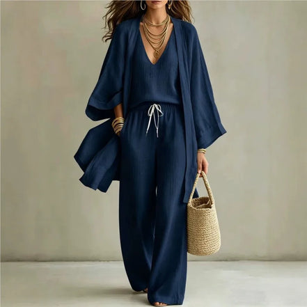 Ensemble 3 Pièces Femme — Kimono, Top & Pantalon Large Fluide