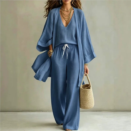 Ensemble 3 Pièces Femme — Kimono, Top & Pantalon Large Fluide