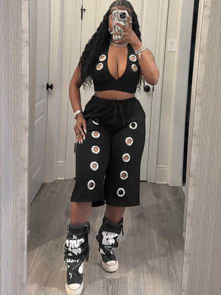 Ensemble 2 Pièces Femme en Lin — Crop Top Halter & Bermuda Œillets