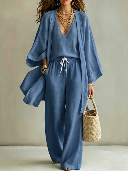 Ensemble 3 Pièces Femme — Kimono, Top & Pantalon Large Fluide