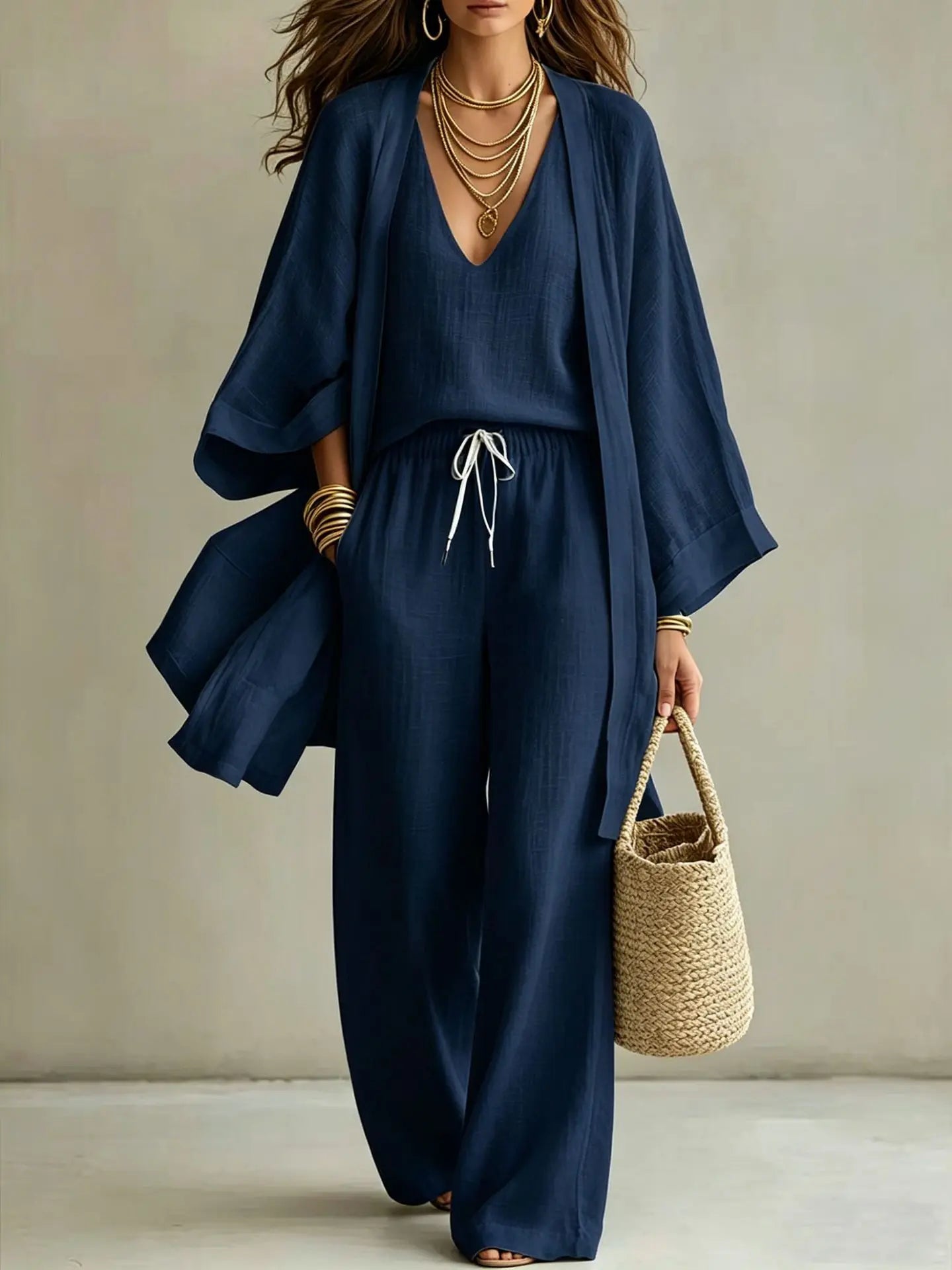 Ensemble 3 Pièces Femme — Kimono, Top & Pantalon Large Fluide