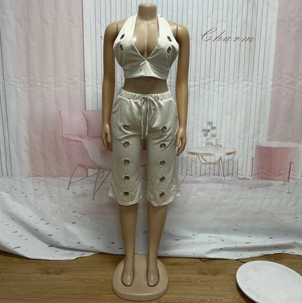 Ensemble 2 Pièces Femme en Lin — Crop Top Halter & Bermuda Œillets